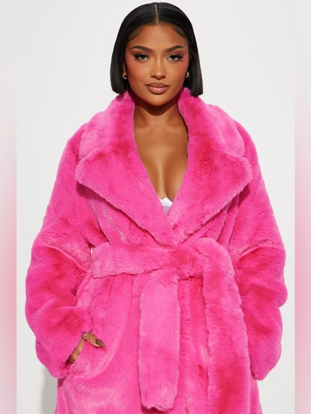NWT Fashion Nova Plush Faux Fur Belted Coat in Hot Pink 3X - Picture 2 of 9